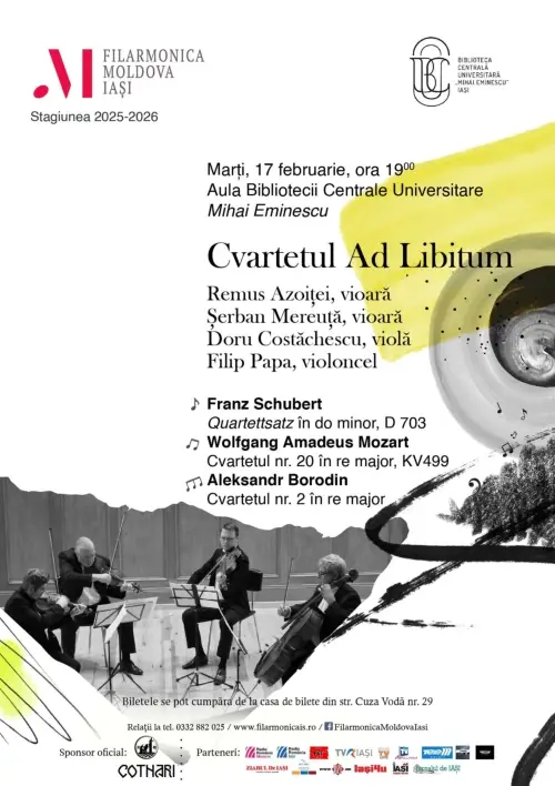 Afișul concertului de muzică de cameră cu Cvartetul Ad Libitum de la BCU din Iași