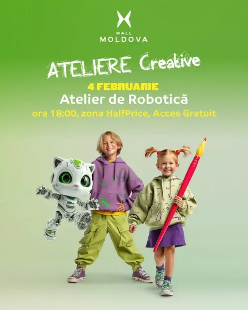 Afiscu copii si roboti al atelierului de robotică de la Mall Moldova 4 februarie 2026