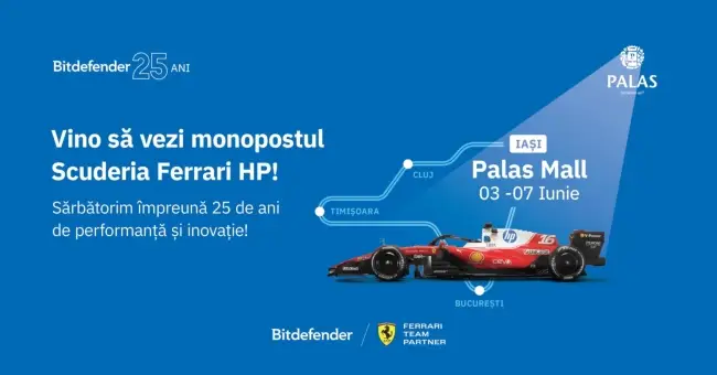 Monopostul Scuderia Ferrari HP vine la Palas Iași