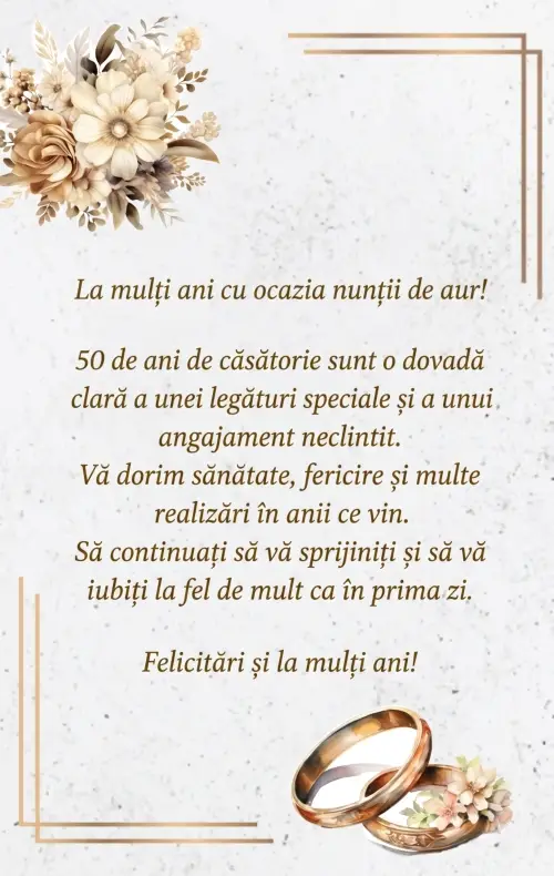 Felicitare cu mesaj pentru părinți cu ocazia celebrării nunții de aur 