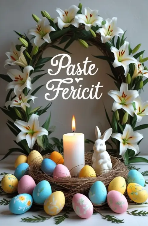 Felicitare de Paște cu ouă încondeiate și flori