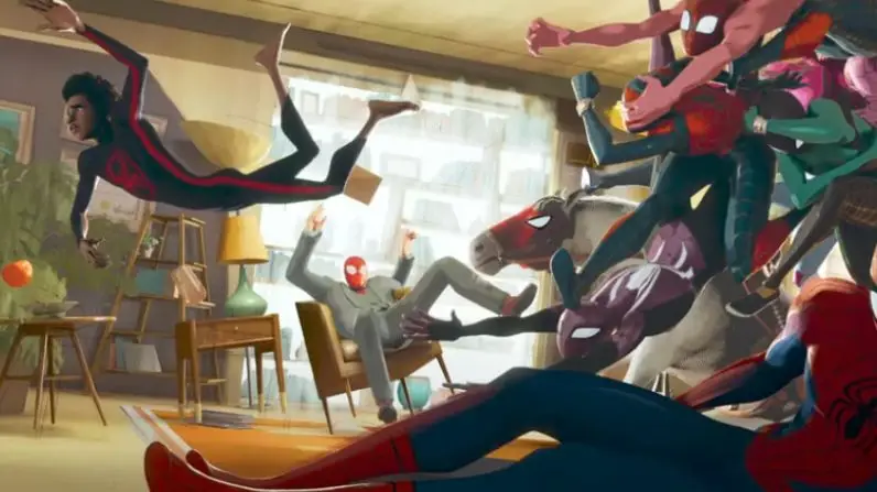 Miles Morales zburând prin multivers în Spider-Verse