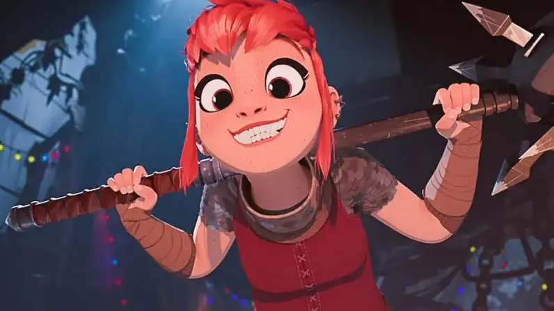 Nimona și cavalerul într-un peisaj futurist-medieval