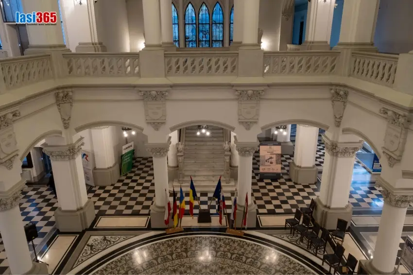 Scara centrală Palatul Culturii - detalii arhitecturale neogotice Scara monumentală din holul Palatului Culturii Iași cu arcade gotice