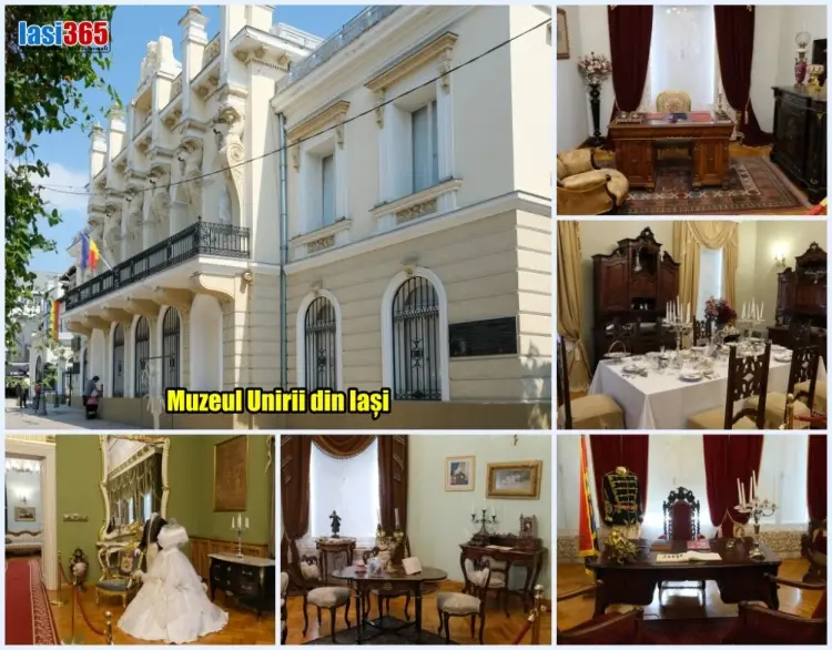 Fațada principală a Muzeului Unirii din Iași cu arhitectură neoclasică și elemente baroce