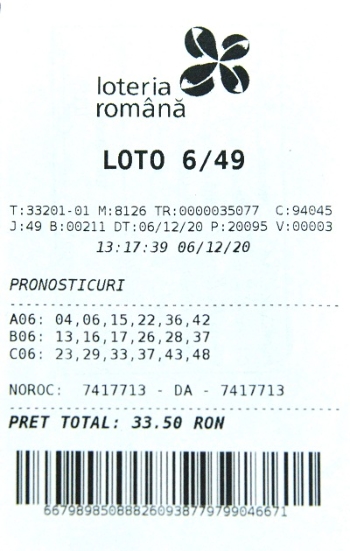 bilet castigator loto 6 din 49 din 6 decembrie 2020