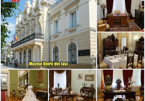 Fațada principală a Muzeului Unirii din Iași cu arhitectură neoclasică și elemente baroce